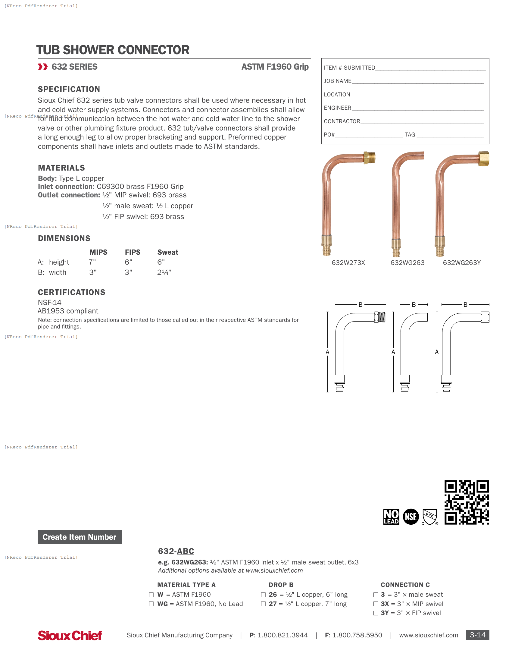 632 SERIES - F1960 POWERPEX TUB SHOWER CONNECTOR - SPEC SHEET.PDF Specification Document